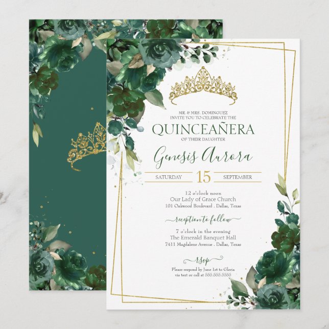 Convites Quinceañera Emerald Green & Dourada Watercolor Flo (Frente/Verso)
