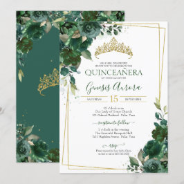 Convites Quinceañera Emerald Green & Dourada Watercolor Flo