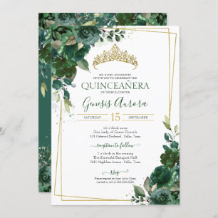 Convites Quinceañera Emerald Green & Dourada Watercolor Flo