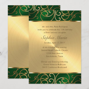 Convites Quinceanera Emerald Green e Dourados Filigree Swir