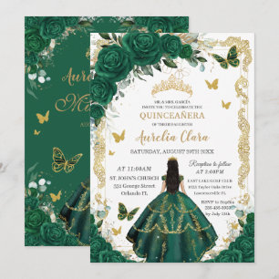 Convites Quinceañera Emerald Green Floral Black Hair Dourad