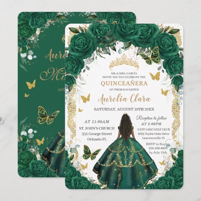 Convites Quinceañera Emerald Green Floral Brown Princess  (Frente/Verso)