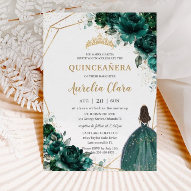 Convites Quinceañera Emerald Green Floral Dourada Princesa  (Criador carregado)