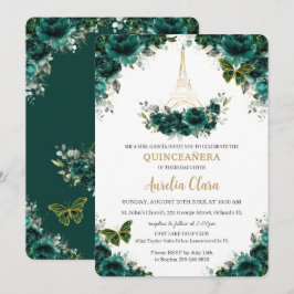 Convites Quinceañera Emerald Green Floral Paris Butterflies