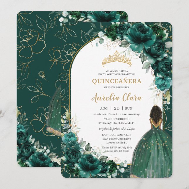 Convites Quinceañera Emerald Green Floral Princesa (Frente/Verso)