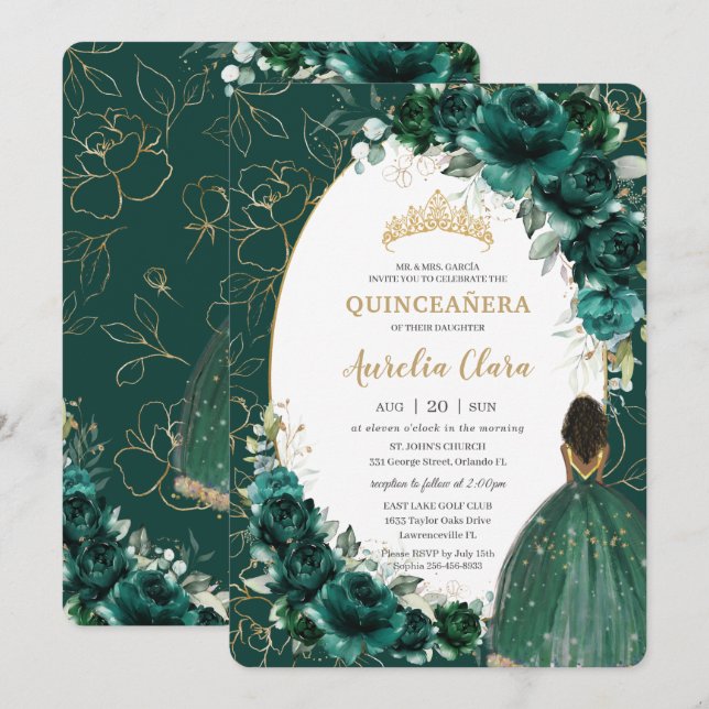 Convites Quinceañera Emerald Green Floral Princesa (Frente/Verso)