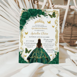 Convites Quinceañera Emerald Green Floral Princesa Dourada