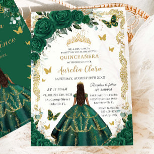 Convites Quinceañera Emerald Green Floral Princesa Dourada