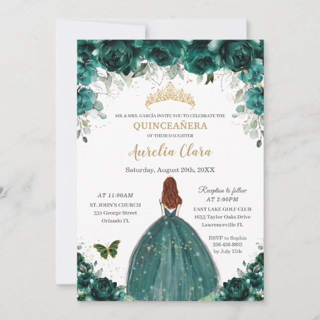 Convites Quinceañera Emerald Green Floral Princesa Dourada (Frente)