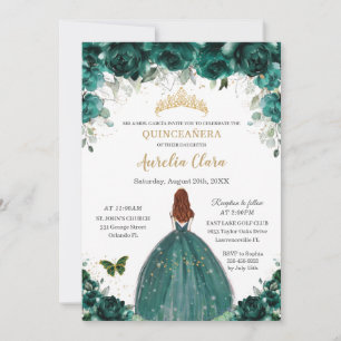 Convites Quinceañera Emerald Green Floral Princesa Dourada
