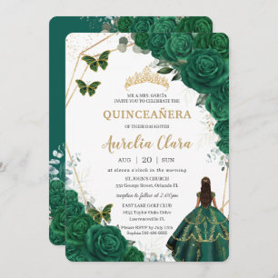 Convites Quinceañera Emerald Green Floral Princesa Dourada