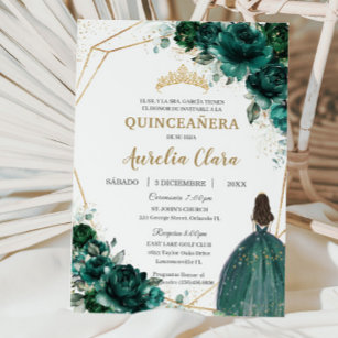 Convites Quinceañera Emerald Green Floral Princess Español