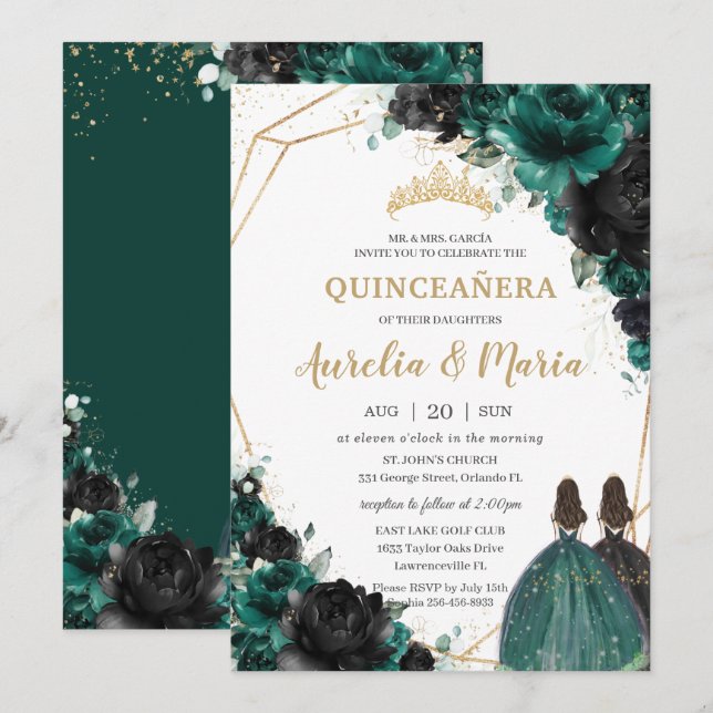 Convites Quinceañera Emerald Green Floral Rosas Gêmeas (Frente/Verso)