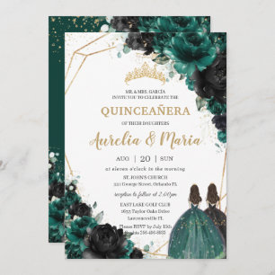 Convites Quinceañera Emerald Green Floral Rosas Gêmeas