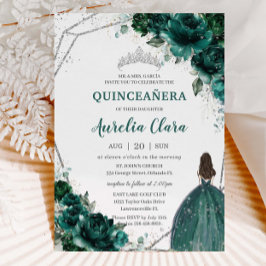 Convites Quinceañera Emerald Green Floral Silver Princesa
