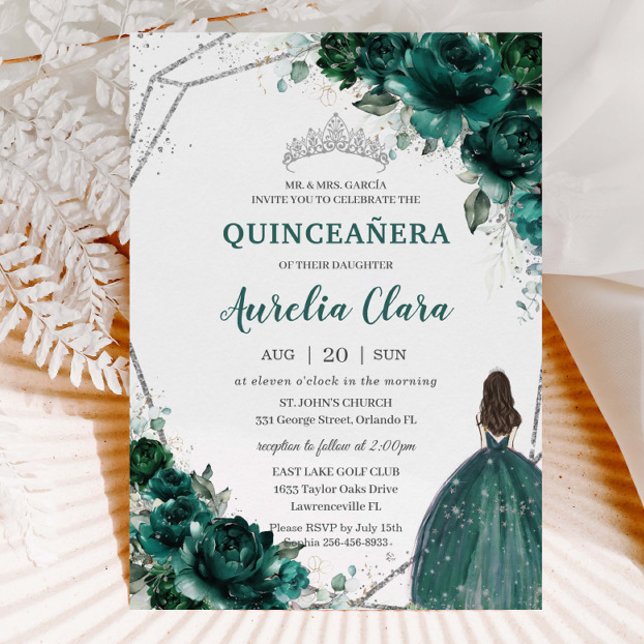 Convites Quinceañera Emerald Green Floral Silver Princesa (Criador carregado)