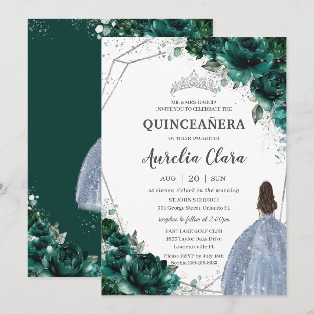 Convites Quinceañera Emerald Green Floral Vestido Azul (Frente/Verso)