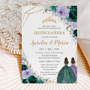 Convites Quinceañera Emerald Green Gêmeas Florais Lilac