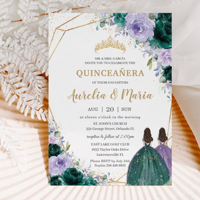 Convites Quinceañera Emerald Green Gêmeas Florais Lilac (Criador carregado)