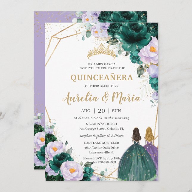 Convites Quinceañera Emerald Green Lilac Rosas Florais Gême (Frente/Verso)