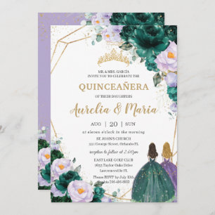 Convites Quinceañera Emerald Green Lilac Rosas Florais Gême