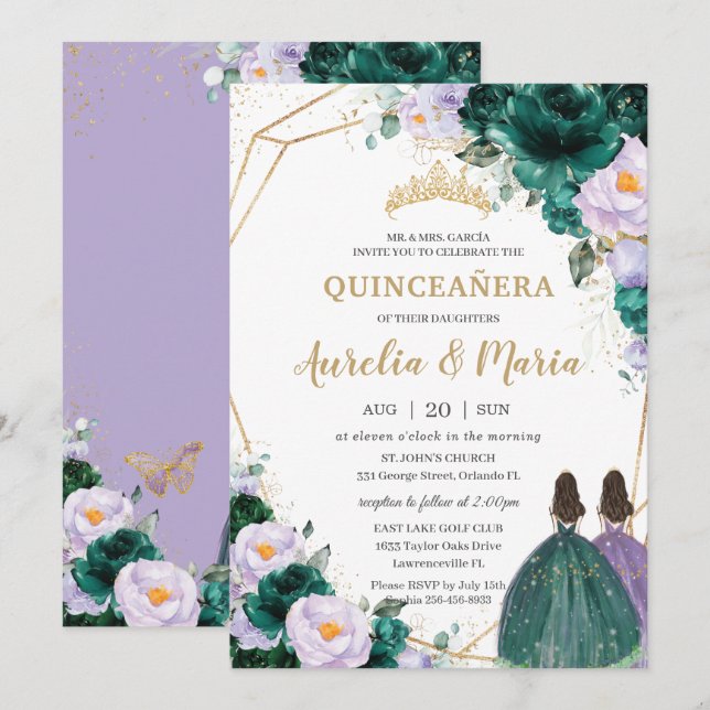 Convites Quinceañera Emerald Green Lilac Rosas Florais Gême (Frente/Verso)
