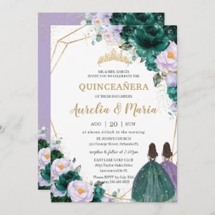 Convites Quinceañera Emerald Green Lilac Rosas Florais Gême