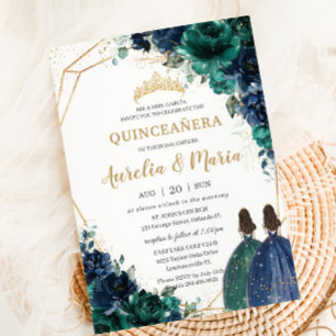 Convites Quinceañera Emerald Green Marinho Gêmeas Azuis