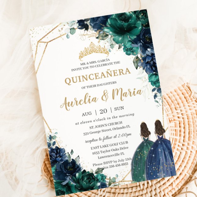 Convites Quinceañera Emerald Green Marinho Gêmeas Azuis (Criador carregado)