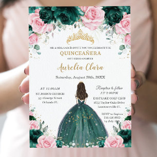 Convites Quinceañera Emerald Green Pink Princesa Floral