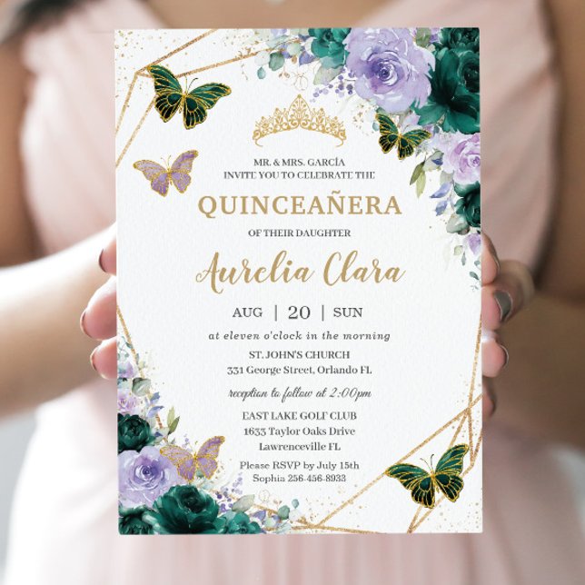 Convites Quinceañera Emerald Green Purple Lilac Floral (Criador carregado)