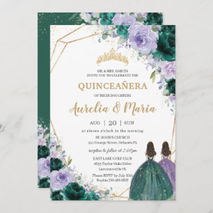 Convites Quinceañera Emerald Green Roxo Gêmeas Florais