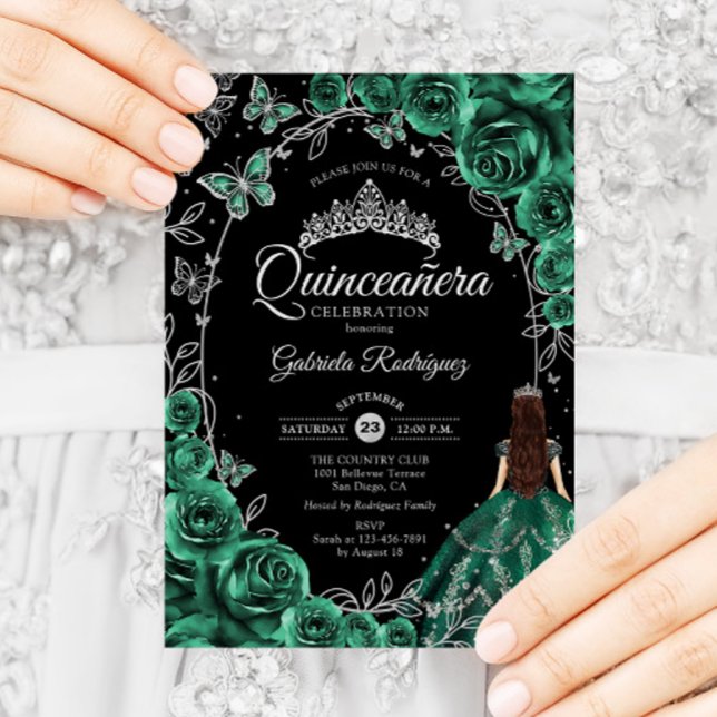 Convites Quinceanera Emerald Green Silver Black (Criador carregado)