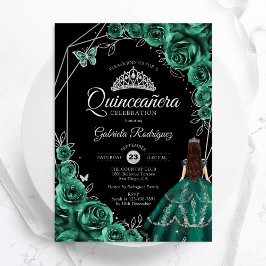 Convites Quinceanera Emerald Green Silver Dress Floral
