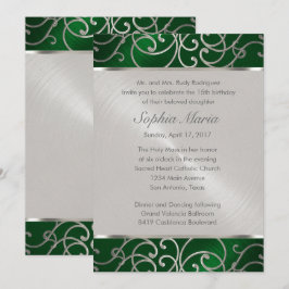 Convites Quinceanera Emerald Green Silver Filigree Swirls