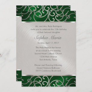 Convites Quinceanera Emerald Green Silver Filigree Swirls