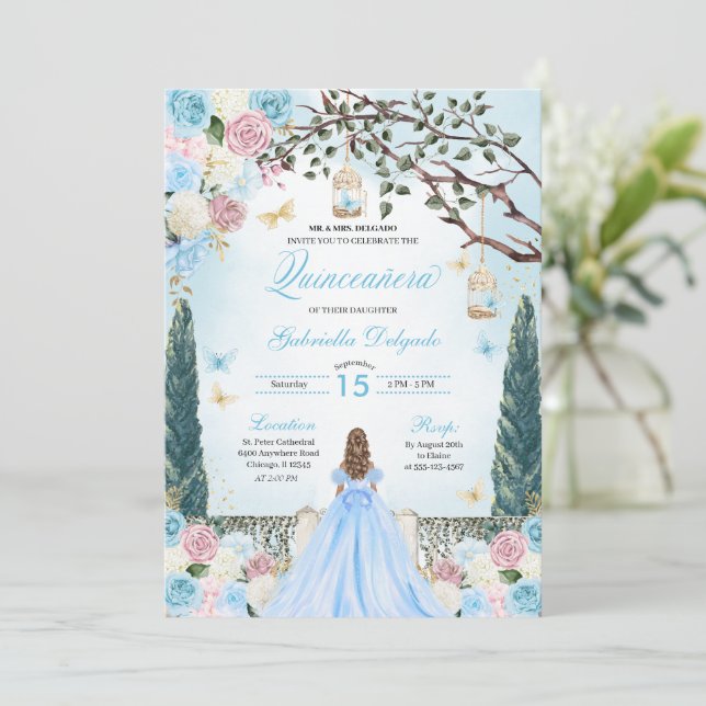 Convites Quinceanera Encantada Princesa Rosa e Azul (Em pé/Frente)