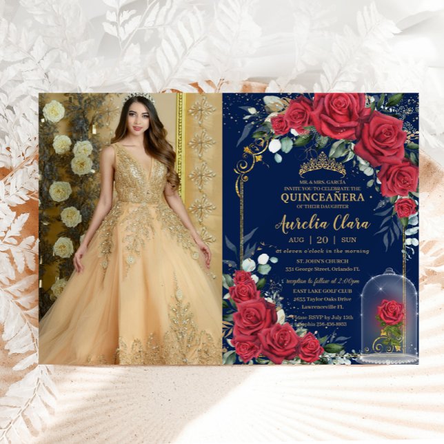 Convites Quinceañera Encantada Rosa vermelha Floral Marinho (beautiful enchanted rose fairytale red roses cloche Quinceañera Sweet 16 birthday photo invitation)