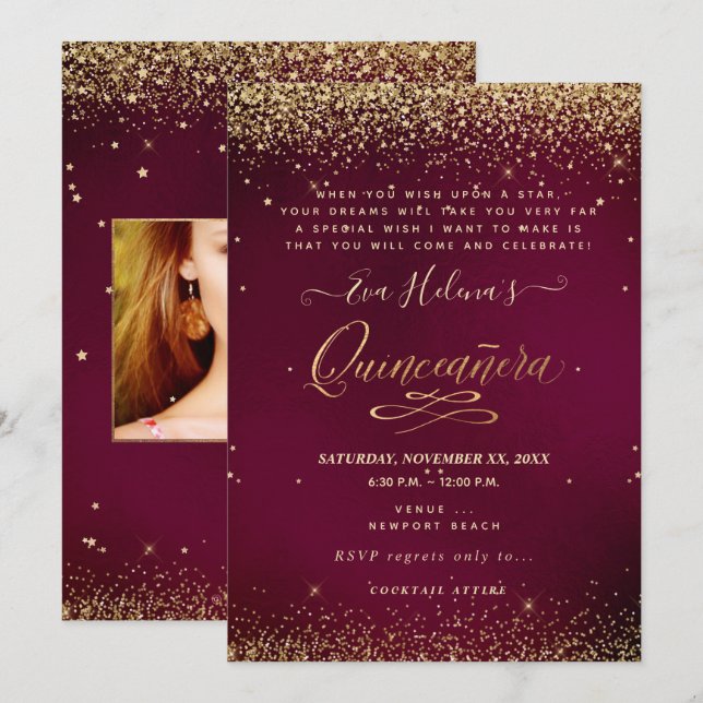 Convites Quinceañera, Escrita na Estrela, DIY Sangria (Frente/Verso)