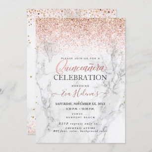 Convites Quinceañera, Escrita na Estrela, Marble+Rosa Doura