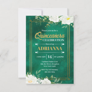 Convites Quinceanera Esmeralda Verde Aquarela Floral Branco