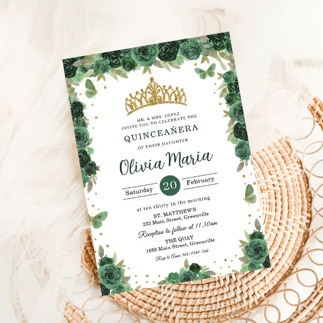Convites Quinceañera Esmeralda Verde Floral Borboletas Tiar (Criador carregado)