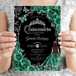 Convites Quinceanera Esmeralda Verde Prata Preto
