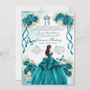 Convites Quinceañera Espanhola Aqua Azul Turquesa 15 Anos P
