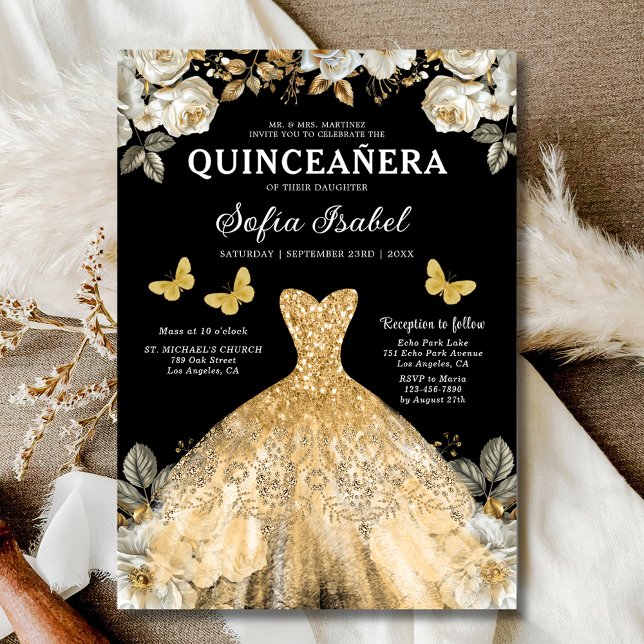 Convites Quinceanera Espanhola Dourada Floral (Criador carregado)