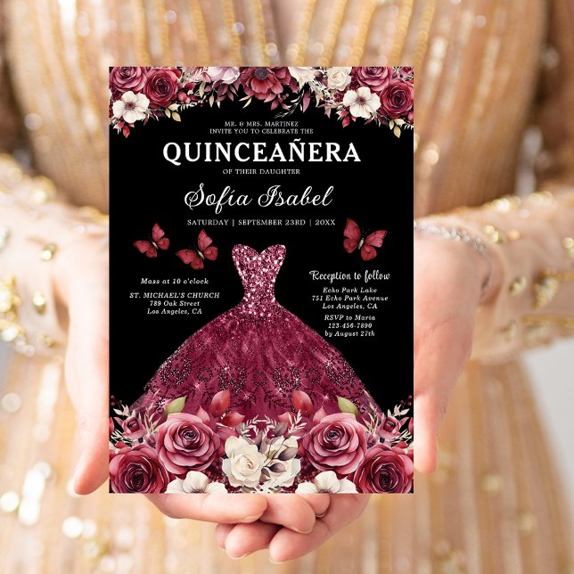 Convites Quinceanera Espanhola Dourada Floral (Criador carregado)