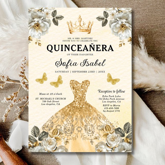 Convites Quinceanera Espanhola Dourada Floral (Criador carregado)