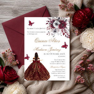 Convites Quinceanera espanhola floral vermelha