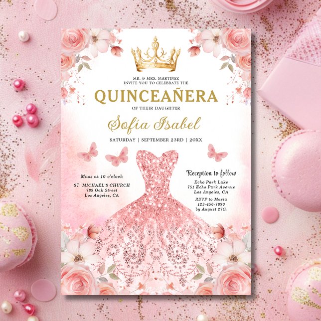 Convites Quinceanera Espanhola Rosa Espanhola Floral (Criador carregado)