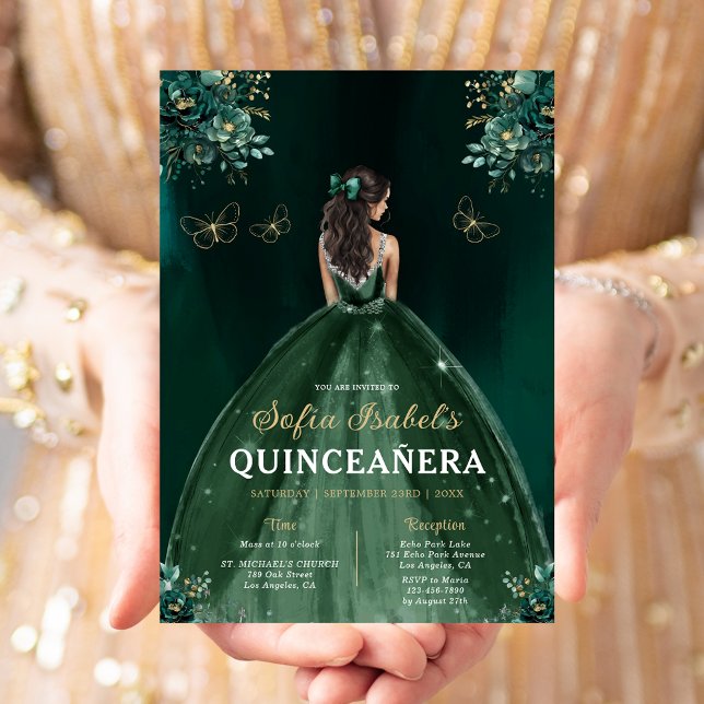 Convites Quinceanera Espanhola Verde Floral Bilíngue (Criador carregado)
